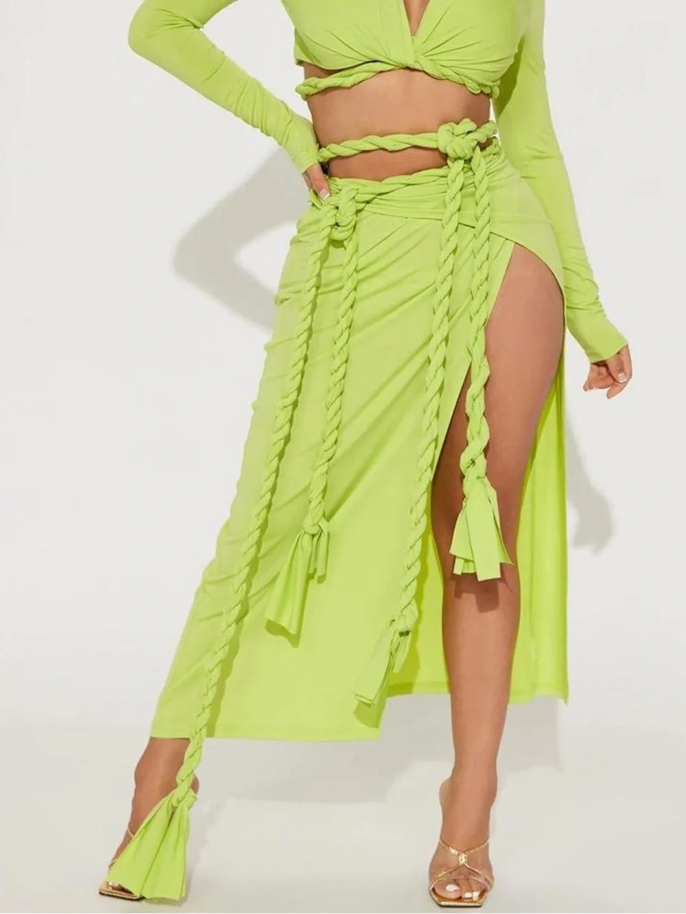 Micas NWT Neon Lime Green High-Slit Maxi Wrap Skirt with Braided Rope Ties Large